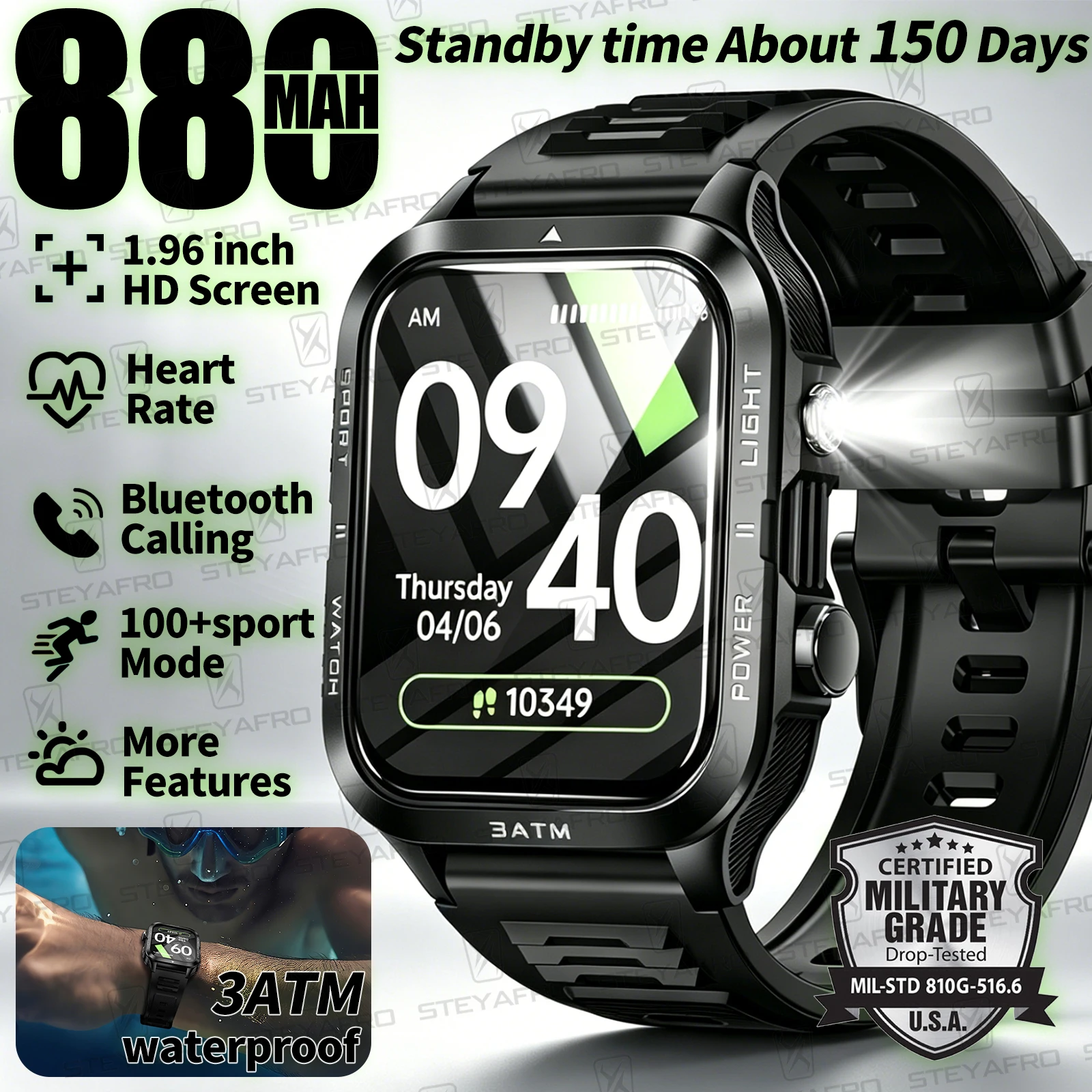 Smartwatch Square Watches For Men - Military Grade SmartWatch Men LED Flashlight